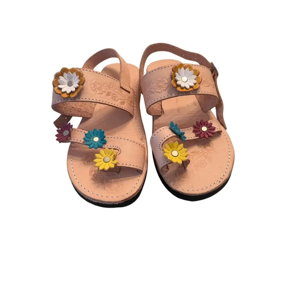 Girl's 3 Authentic Mexican Floral Tooled Sandals Handmade Huaraches Sandalias